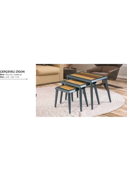 Zigon Osm Çerçeve Model Sehpa Parlak Ceviz-Gri Boya Kayın Torna Retro Ayak El Yapım