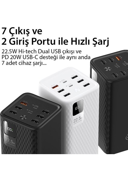 MTK Moveteck Powerbank 50.000 Mah Yüksek Kapasiteli Şık Tasarım LED Göstergeli 22.5W Hızlı Turbu Şarj 7 Adet Çıkış Güçlü Taşınabilir Şarj Bataryası