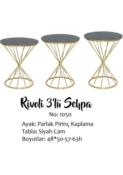 Zigon Sehpa Brc Rivoli Model 3'lü 1050 Siyah Cam Tabla Gold Parlak Pirinç Ayak El Yapım