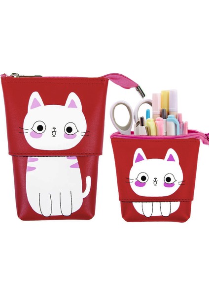 Kalem Kutusu Kırmızı Kedi Boyutu Ayarlanabilir Kalemkutu Jumbo Vegan Deri Kalemlik fırsatları