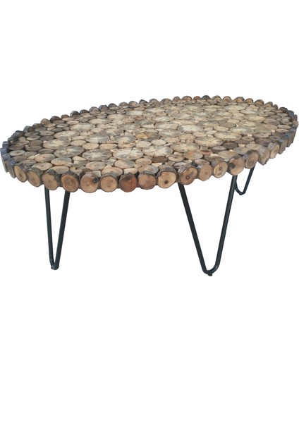 Orta Sehpa Oval Kütük Ağaç Dalı Kesme Metal Çelik Ayak Yeni Trend Üstü Camlı Natüre Renk El Yapı