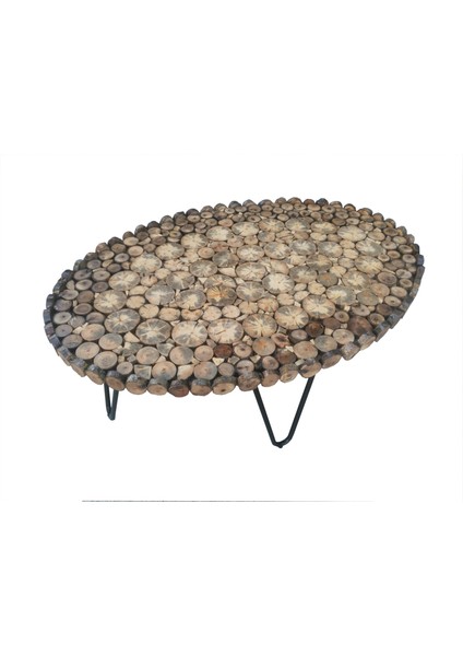 Orta Sehpa Oval Kütük Ağaç Dalı Kesme Metal Çelik Ayak Yeni Trend Üstü Camlı Natüre Renk El Yapı