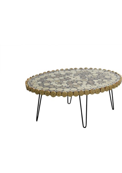 Orta Sehpa Oval Kütük Ağaç Dalı Kesme Metal Çelik Ayak Yeni Trend Üstü Camlı Natüre Renk El Yapı