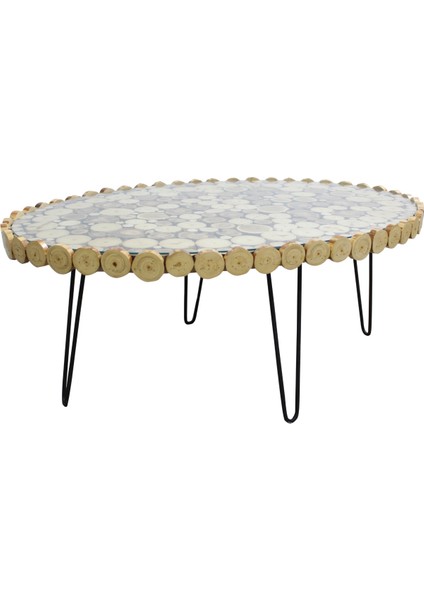 Orta Sehpa Oval Kütük Ağaç Dalı Kesme Metal Çelik Ayak Yeni Trend Üstü Camlı Natüre Renk El Yapı