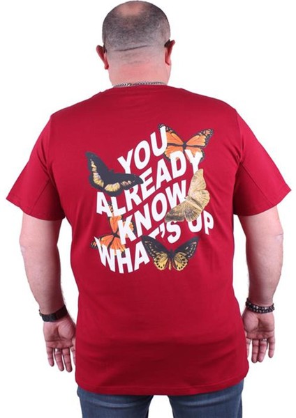 Büyük Beden Sıfır Yaka Tişört Butterfly 23107 Bordo