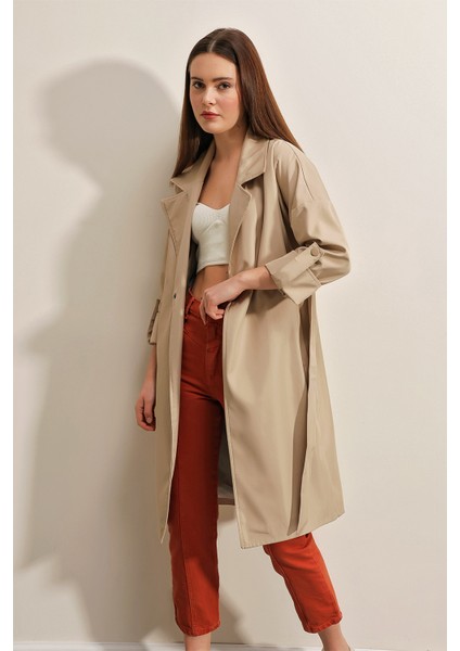9104 Kruvaze Yaka Astarlı Trençkot - Bej fiyatları