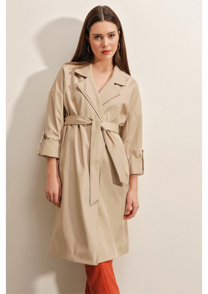 9104 Kruvaze Yaka Astarlı Trençkot - Bej modelleri