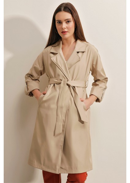 9104 Kruvaze Yaka Astarlı Trençkot - Bej fırsatları