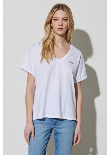 Regular Fit Normal Kesim %100 Pamuk V Yaka Beyaz Tişört