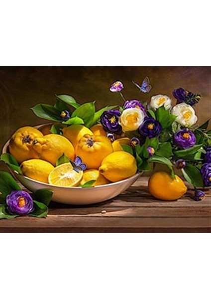 Çiçeklerle Süslü Limon Tabağı Pixart Sanat Elmas Mozaik Tablo Diamond Türkiye 64*51