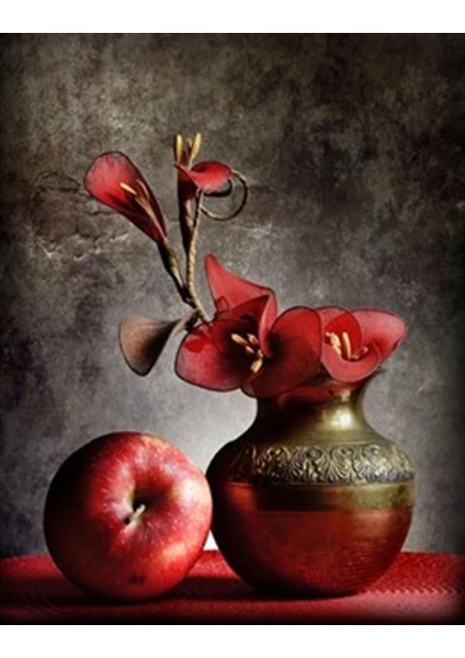 Kırmızı Elma ve Vazodaki Çiçek Pixart Sanat Elmas Mozaik Tablo Diamond Türkiye 41*51