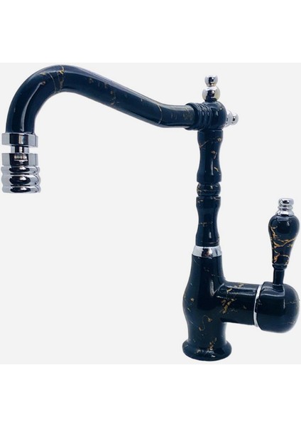 Antik Kısa Siyah Mermer Desenli Krom Parçalı Lavabo Bataryası