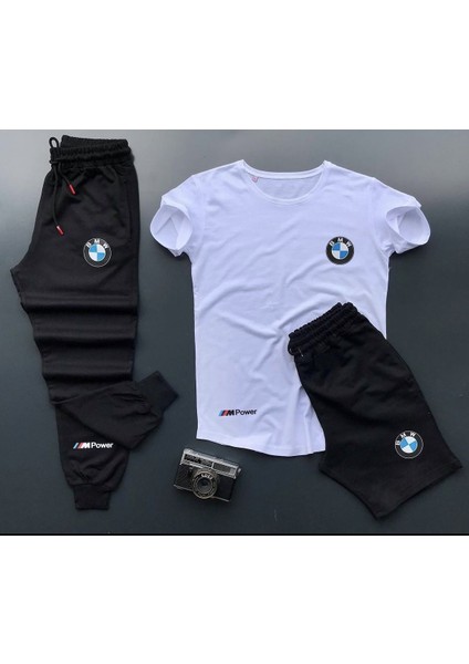 Yazlık Şort-Eşofman Altı-Tişört Slim Fit 3'lü Bmw Mpower Baskılı Takım Kombin Alt Üst