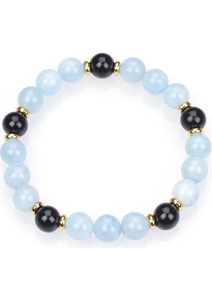 Sertifikalı Obsidyen & Akuamarin Doğal Taş Bileklik 8mm