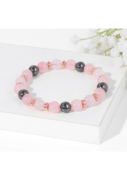 Sertifikalı Pembe Kuvars & Hematit Doğal Taş Bileklik 8mm