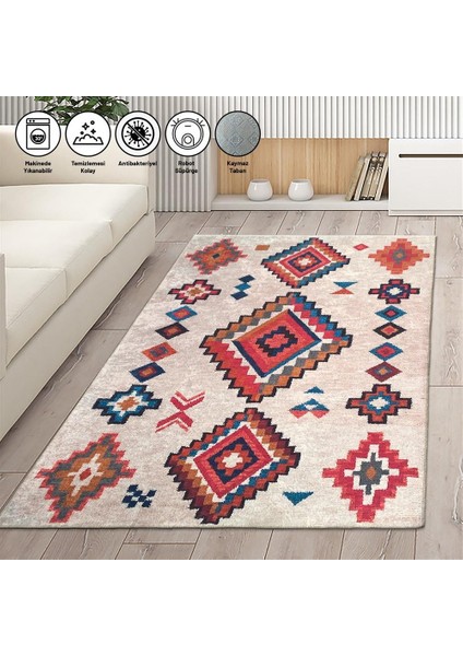 Iskandinav Otantik Kilim Desenli Krem Renkli Kaymaz Taban Makinada Yıkanabilir