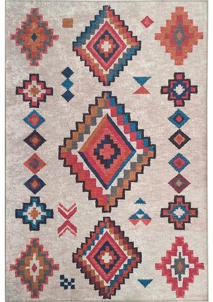 Iskandinav Otantik Kilim Desenli Krem Renkli Kaymaz Taban Makinada Yıkanabilir