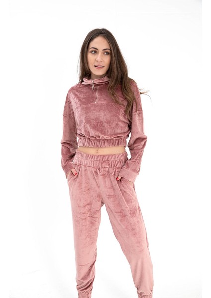 Önü Fermuarlı Kadife Eşofman Takım - Pudra