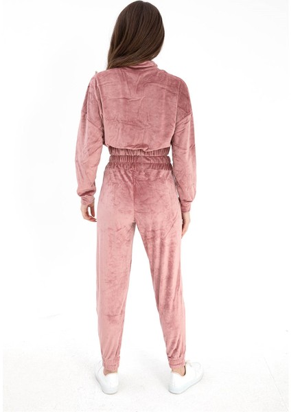 Önü Fermuarlı Kadife Eşofman Takım - Pudra modelleri