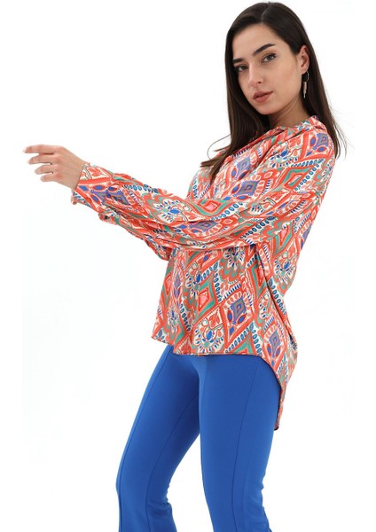 Reglan Kol Baskılı Saten Gömlek - Turuncu modelleri