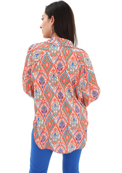 Reglan Kol Baskılı Saten Gömlek - Turuncu fırsatları