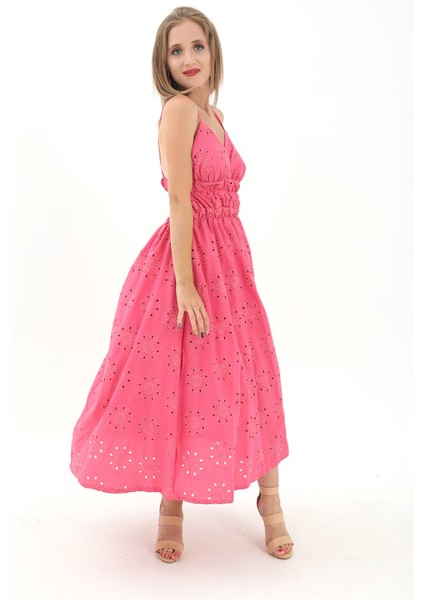 Beli Lastikli Astarlı Sırt Dekolte Brode Elbise - Fuşya modelleri