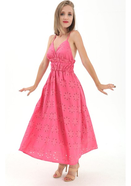 Beli Lastikli Astarlı Sırt Dekolte Brode Elbise - Fuşya indirimleri