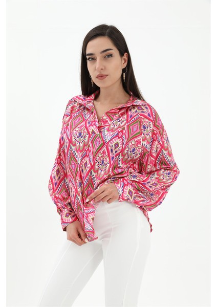 Reglan Kol Baskılı Saten Gömlek - Pembe modelleri