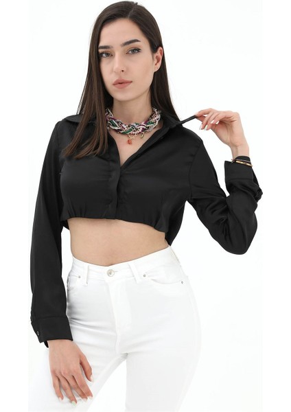 Beli Lastikli Saten Gömlek - Siyah modelleri