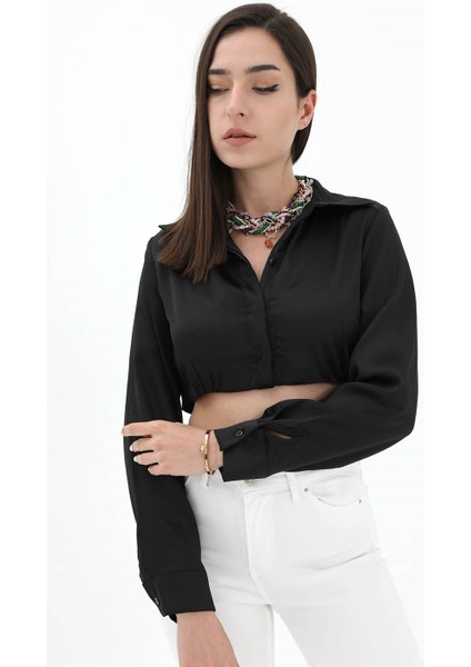 Beli Lastikli Saten Gömlek - Siyah fırsatları