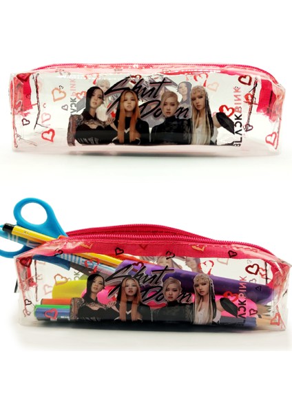 Şeffaf Kalem Kutusu Blackpink Pembe Desenli Şeffaf Kalemlik