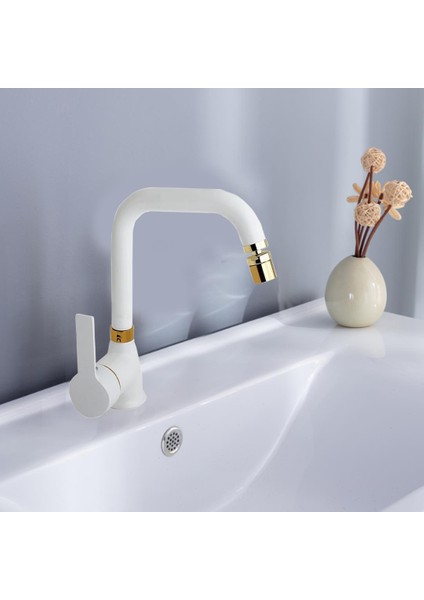 Mat Beyaz Gold Lavabo Bataryası Pirinç 360 Derece Oynar Perlatörlü Siera