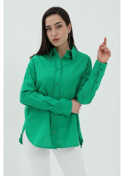 Uzun Kol Oversize Basic Gömlek - Yeşil