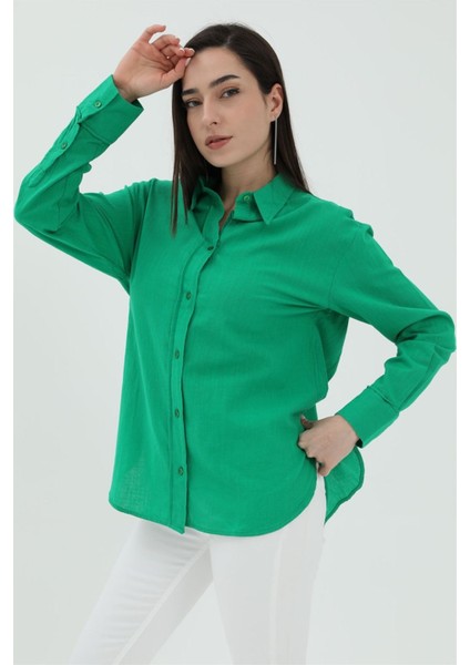 Uzun Kol Oversize Basic Gömlek - Yeşil