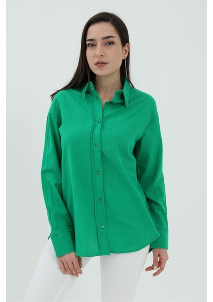 Uzun Kol Oversize Basic Gömlek - Yeşil