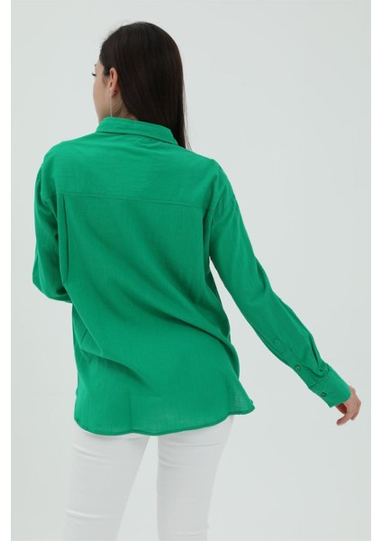 Uzun Kol Oversize Basic Gömlek - Yeşil