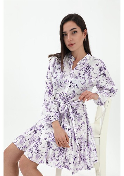 Eteği Volanlı Viskon Elbise - Lila