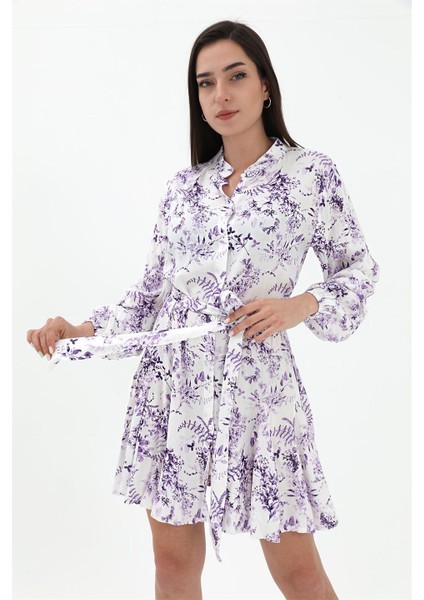 Eteği Volanlı Viskon Elbise - Lila fırsatları