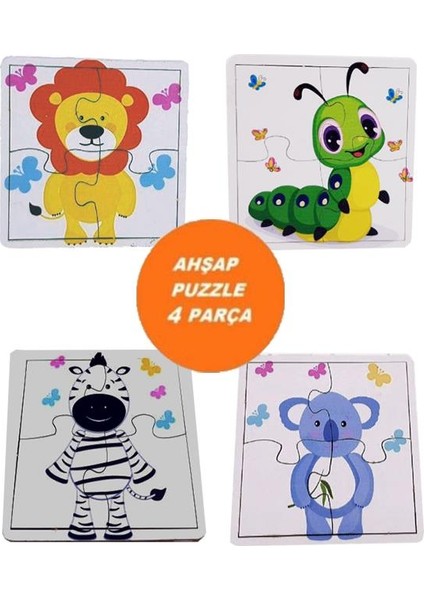 Woodylife Ilk Puzzlem Bebek Zebra Tırtıl Koala ve Aslan 4 Lü 4 Parça Puzzle Yapboz Eğitici Çocuk Oyuncak