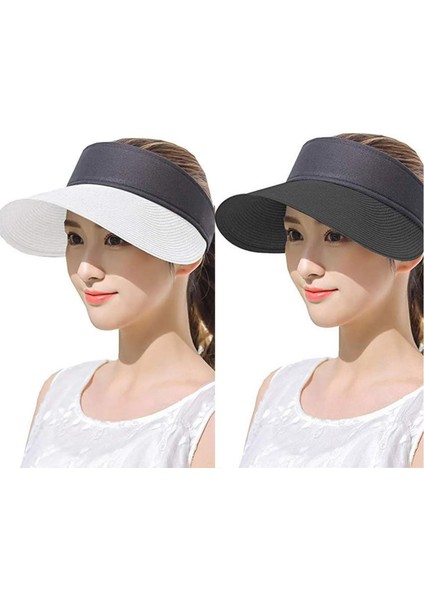 2 Li Kombin Kadın Hasır Yazlık Vizör Güneşlik Şapka Set (Arka Kısmı Cırtlı )