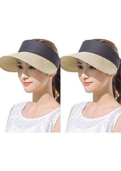 2 Li Kombin Kadın Hasır Yazlık Vizör Güneşlik Şapka Set (Arka Kısmı Cırtlı )