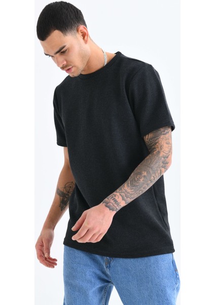 Erkek Antrasit Bisiklet Yaka Waffle Kumaş T-Shirt modelleri