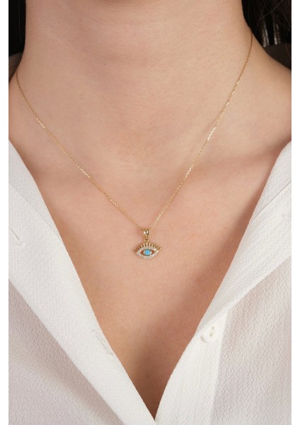 Güzide 14 Ayar Altın Mavi Taşlı Kirpik Kolye