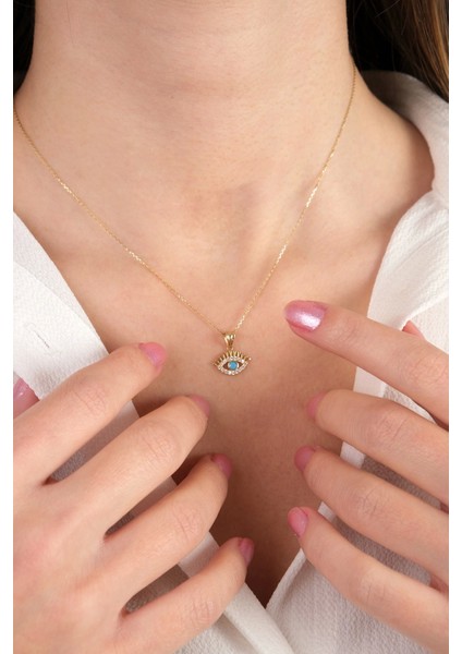 Güzide 14 Ayar Altın Mavi Taşlı Kirpik Kolye fiyatları