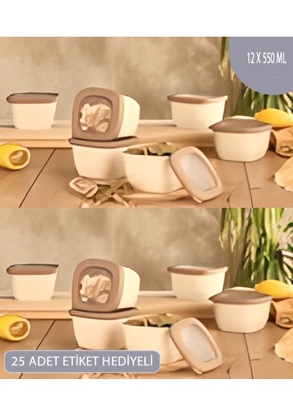 Etiketli Kumsal Kare Saklama Kabı,bej 12X550 ml