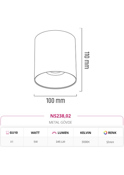 Sıva Üstü LED Spot Siyah 5W Gün Işığı NS238 modelleri