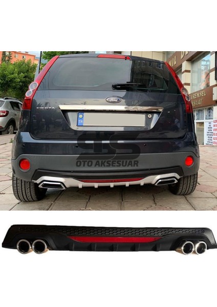 Ford Fiesta 2003-2008 Difüzör Arka Tampon Eki 4 Egzoz Çıkışlı Siyah Reflektörlü