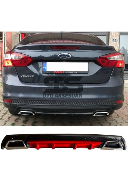 Ford Focus 3 Difüzör Arka Tampon Eki 2 Egzoz Çıkışlı Kırmızı Lüx Tip