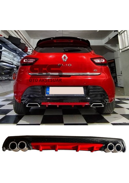 Renault Clio 4 Difüzör Arka Tampon Eki 4 Egzoz Çıkışlı Kırmızı Lüx Tip