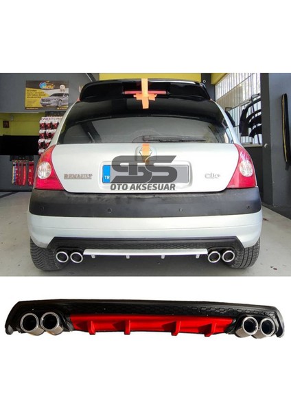 Renault Clio 2 Hb Difüzör Arka Tampon Eki 4 Egzoz Çıkışlı Kırmızı Lüx Tip